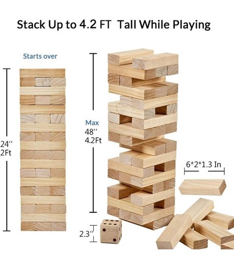 ApudArmis Giant Tumble Tower (Stack from 2Ft to Over 4.2Ft), 54 PCS Pine Wooden - Picture 6 of 6