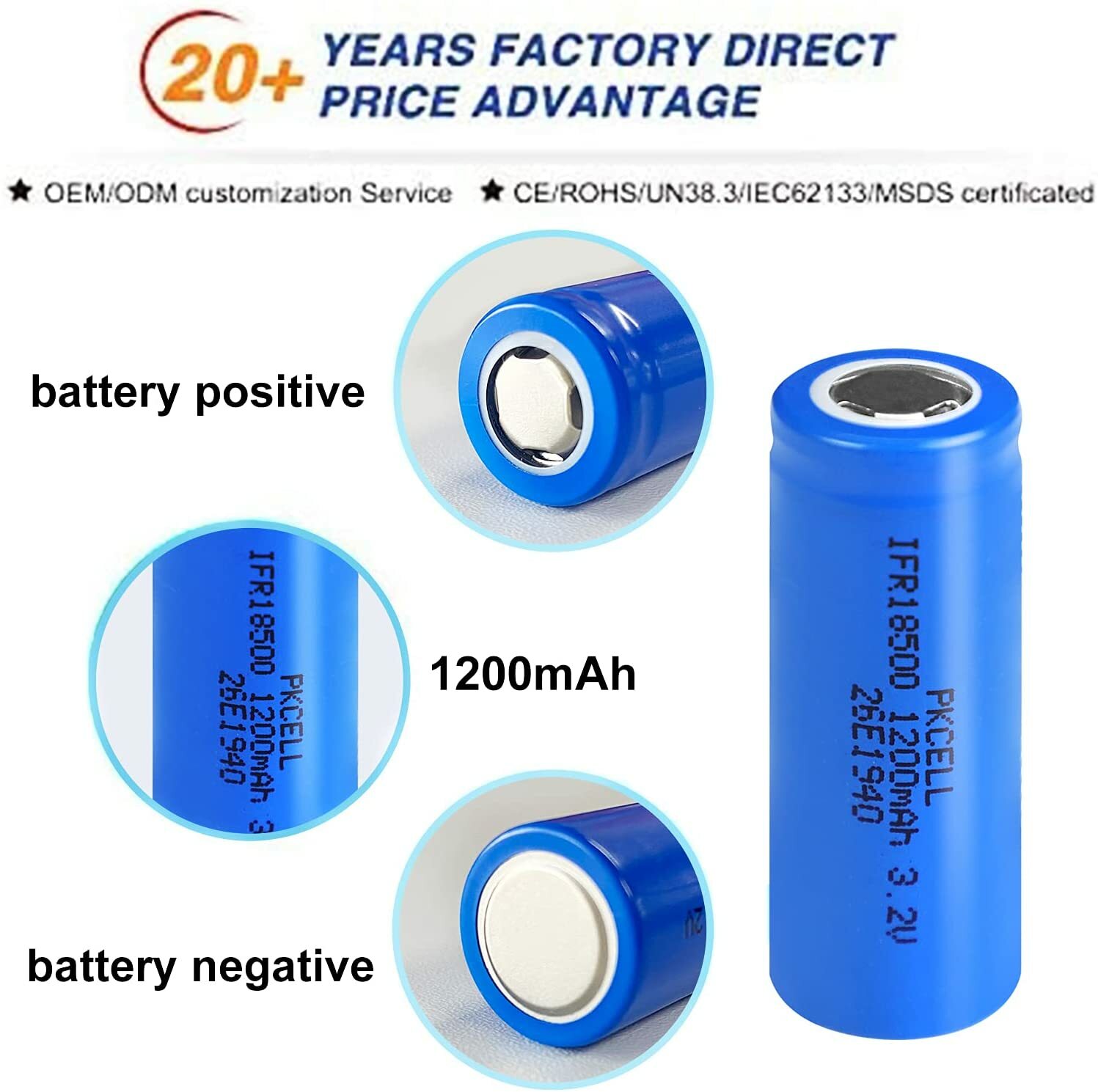 2x IFR18500 3.2V 1200mAh Rechargeable LiFePO4 Batteries for Solar