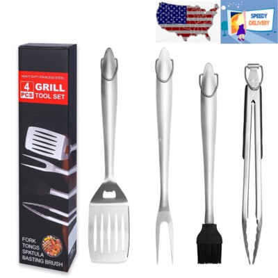 4pcs Set Heavy Duty BBQ Grill Tool Set Stainless Steel Spatula set for Dad 