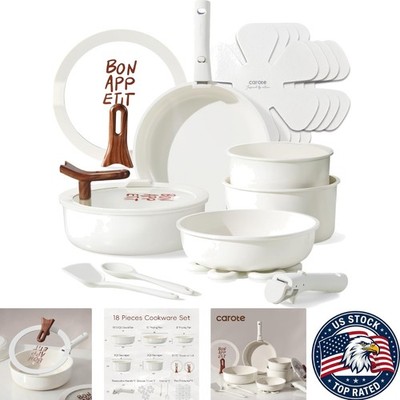 Elegant 18-Piece Ceramic Cookware Set with Detachable Handle & Stand-Up Lid