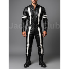 MEN'S GENUINE SOFT LEATHER BLACK CATSUIT FRONT ZIPPER OVERALL BODYSUIT JUMPSUIT
