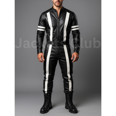 MEN'S GENUINE SOFT LEATHER BLACK CATSUIT FRONT ZIPPER OVERALL BODYSUIT JUMPSUIT