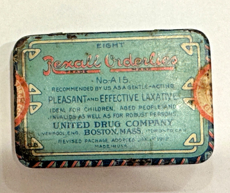 Vintage REXALL "Orderlies" Laxative Drugstore Tin - United Drug Co. Boston