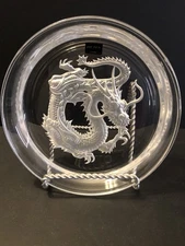 Vintage Hoya Crystal Etched Dragon Bottle Coaster  5.1/4” Across Japan
