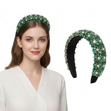 Beaded Crystal Headband for Women, Wide Padded Pearl  Rhinestone Hair Hoop,