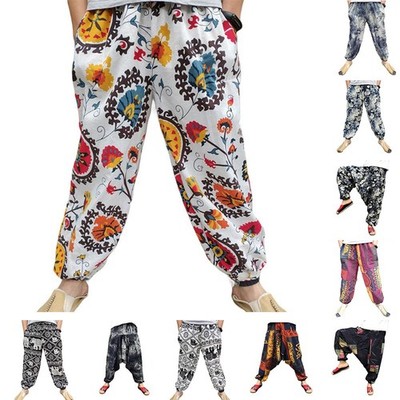 Herren Baggy Freizeit Haremshose Hippie Yoga Print großer Schritt Hose Baumwolle Leinen