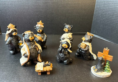 Slifka Sales Co. 7 Piece + 1 Ornament Black Bear Figurines Resin Nativity Set