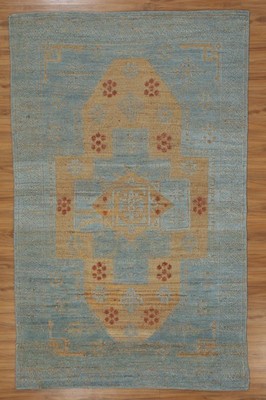 Handmade Vintage Look Oushak Flat-Cut Area Rug Blue Beige Red Floral Accent