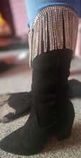 Black Suede-feel Bling Diamante Fringe Cowboy Boots Size 5