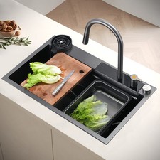 29" Drop-In Workstation Sink with Waterfall Pull-Out Faucet   Gunmetal