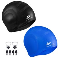 2 Pack Unisex Swim Caps with 3D Ear Protection, Durable Flexible Large, Blue