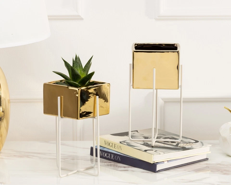 HowHomely Blumentopf Pflanzentopf mit Ständer 2er Set gold weiß Glamour Deko - Bild 3 von 4