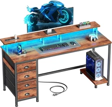 55 Inch Computer Desk Gaming with 4 Fabric Drawers with Power Outlets and LED Li