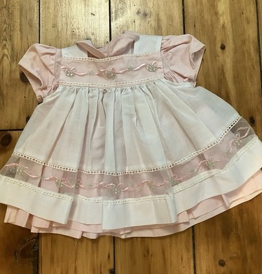 Vtg Christian DIOR Enfant Pink White Embroidered 2-piece Baby Dress 12 month