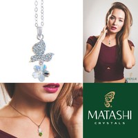 16 Rhodium Plated Necklace W/ Butterfly, Flower & Clear Crystals By Matashi on sale 16 Rhodium Plated Necklace W/ Butterfly, Flower & Clear Crystals By Matashi on sale