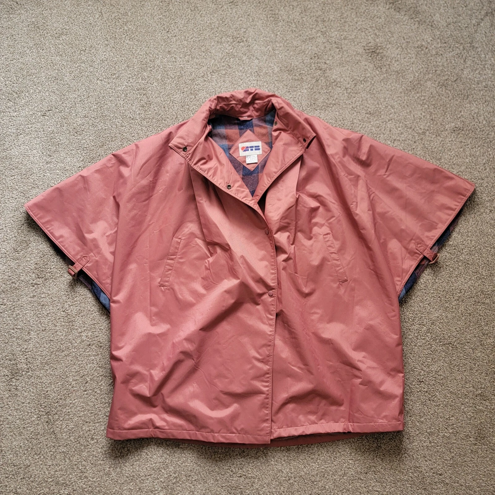 Vintage Womens ATB Long Coat Poncho Rain Jacket - Plaid - Pink - Size M - 80's