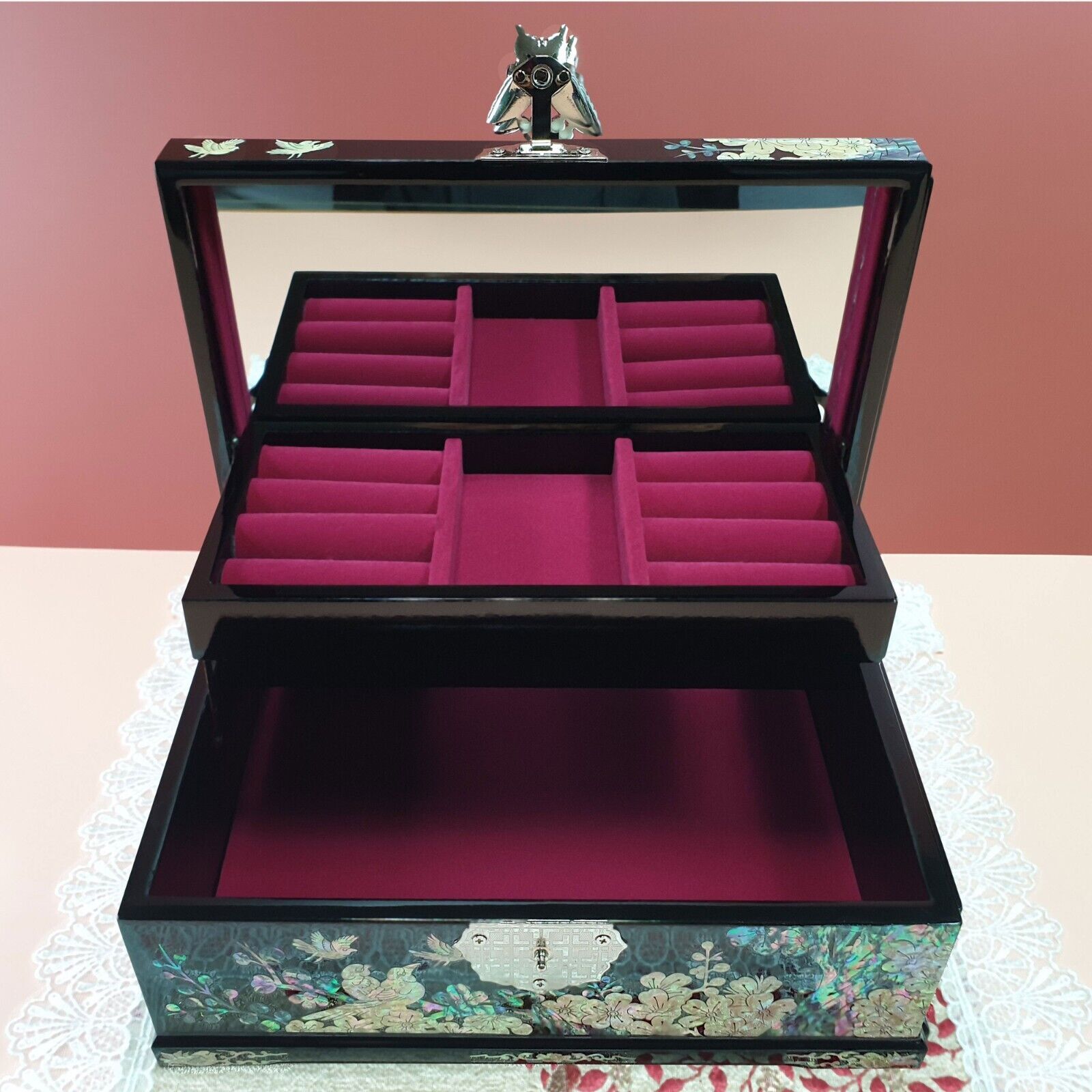 Large Mother of Pearl Bird and Tree Jewelry Box Vintage Korean Jewelry