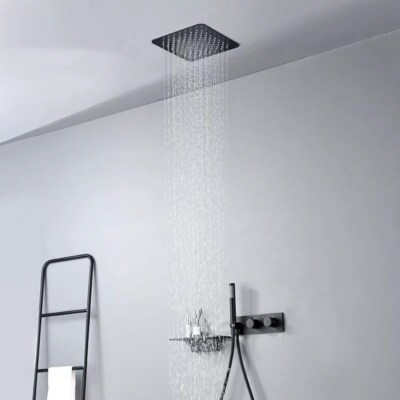 Thermostatic Black Rainfall Shower Faucet Tub Bathtub 12''Rain Square Shower Head