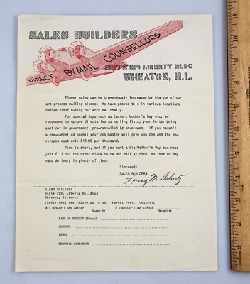Vintage Letterhead Sales Builder Wheaton Illinois Airplane Logo c. 1930s