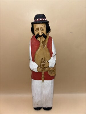 Vintage Wood Carved Czech Slovak Man Playing Instrument 