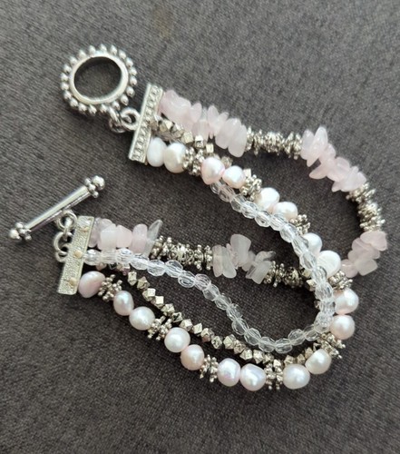 Beautiful  Chunky Bracelet With  Pink Quartz & Beads Faux Pearls.  - Afbeelding 2 van 14