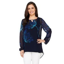 Susan Graver Size 6 Placement Print Sheer Chiffon Navy/Blue Tunic with Keyhole