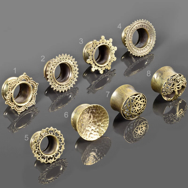 4-22mm Vintage Flesh Tunnel Ethno Plug Messing Antik Look Bali Goa indisch Z434 - Bild 2 von 2