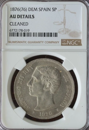 NGC Coin CURRENCY Spain Alfonso XII 5 Pesetas 1876 Madrid Silver MONEY KM 671