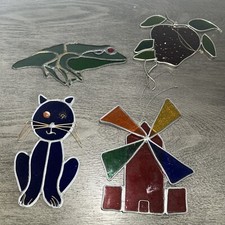 Vintage lot of Stained Glass Window Hangers 4-5”  Frog Cat(1 Eye)Apple Windmill