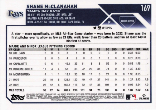 Shane McClanahan #169 - 2023 Topps Chrome - Tampa Bay Rays - MLB Baseball - quasi nuovo - Foto 2 di 2