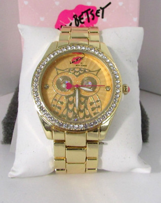 Betsey Johnson Owl Watch Rhinestones Gold-tone Bracelet NEW 