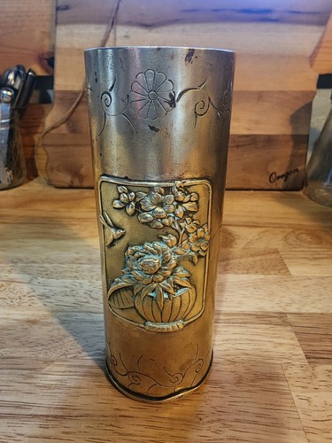 Antique Brass Bud Vase Etched & Hammered Bird & Flowers Trench Art Style - Picture 1 of 12