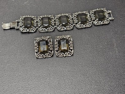 Vintage Sarah Coventry Smoky Gem Celebrity Worlds Fair Bracelet Earrings Set Box