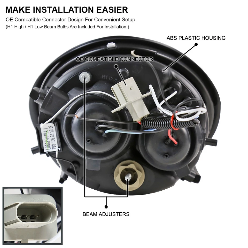 Black Fits 1998-2005 VW Volkswagen Beetle Halo Projector Headlights Left+Right Foto 4 de 4