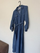 Michael Michael Kors Blue Denim Shirt Dress M Collared Long Sleeve Midi Belted