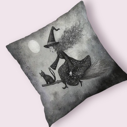 Comical Witch and Cat on Broomstick Halloween Plush Cushion COVER 45 X 45CMS - Picture 2 of 6