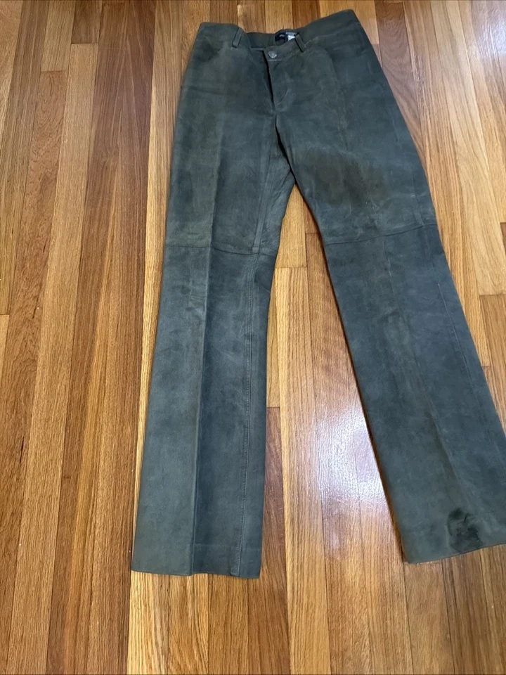 Pantalones de cuero de gamuza verde musgo suave MODA INTERNATIONAL talla 2 bolsillos pierna recta Foto 4 de 4