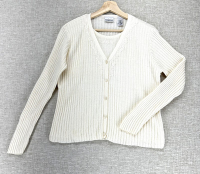 Villager Petite Sweater Set Womens Medium Cream Cardigan Floral Embroidered