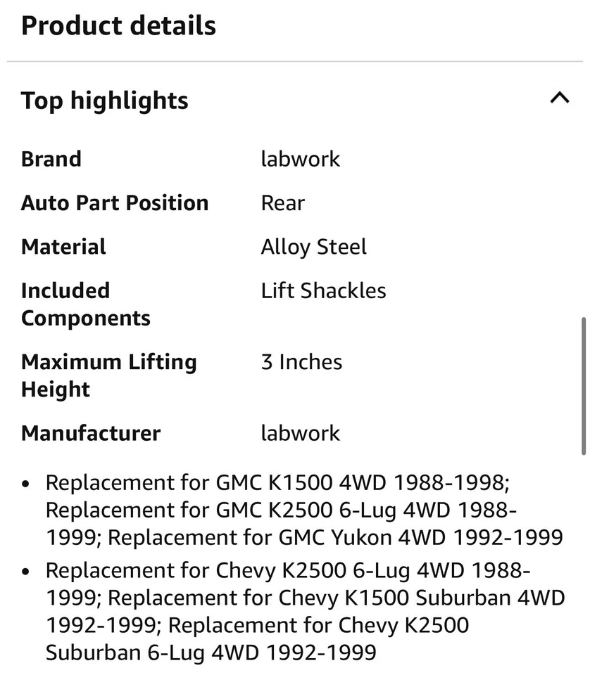Kit de elevación de grillete trasero 1,5 o 2 repuesto para GMC K1500 K2500 4x4 1988-1998 Foto 4 de 4