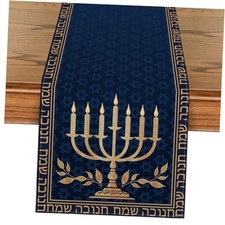 Candle Menorah Hanukkah Table Runner, Hexagram 13" x 108", Table Runner Blue