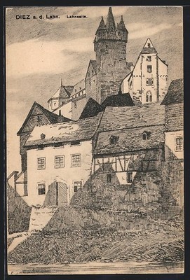 Künstler-AK Diez, Ortsansicht, Lahnseite 