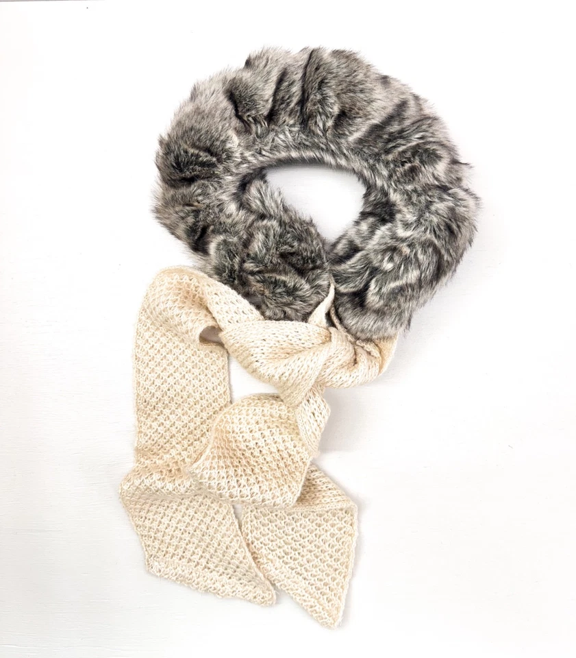 Anthropologie Piel Sintética Cuello Ascot Bufanda Marrón Gris Piel Marfil Tejido De Colección Foto 4 de 4