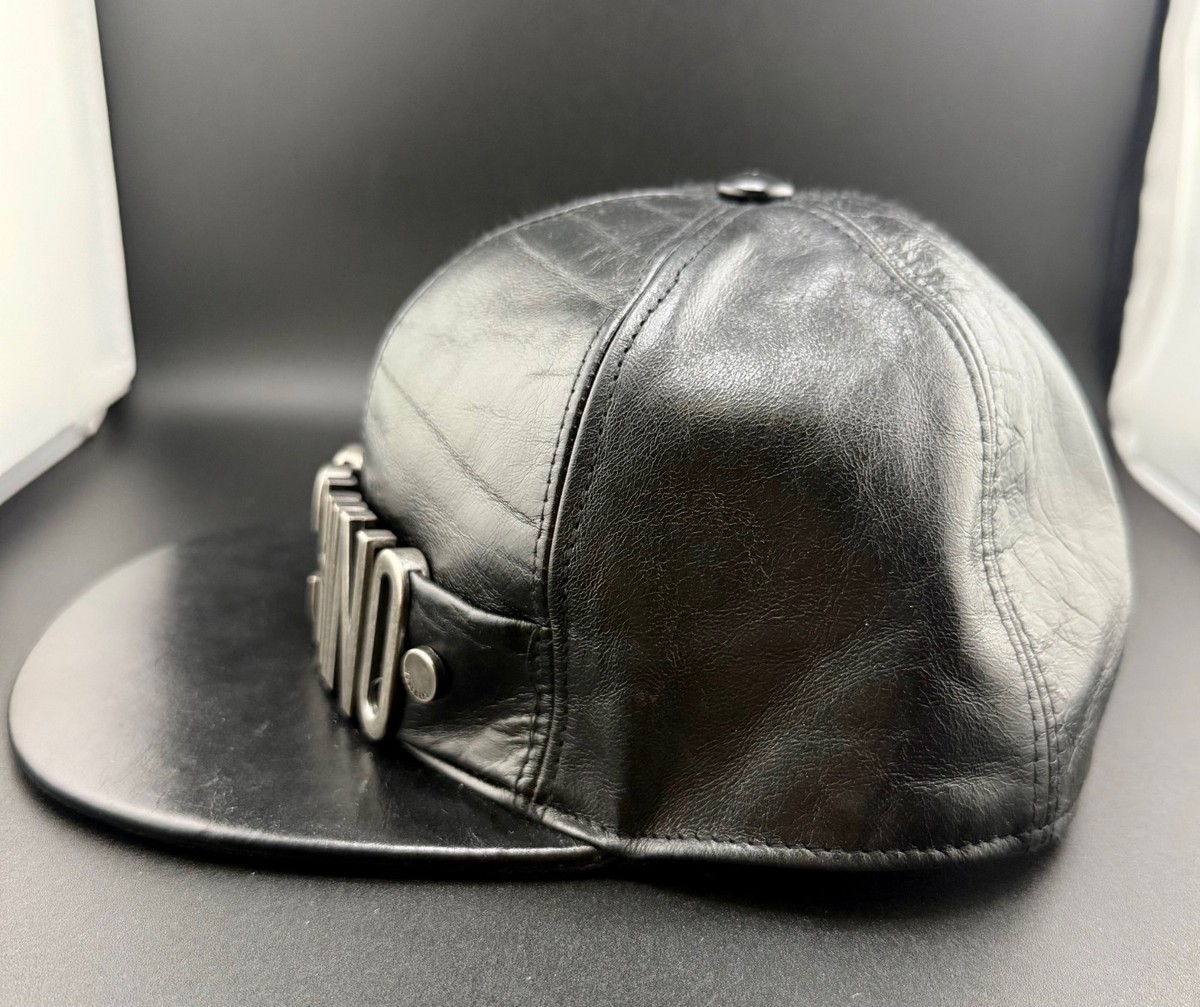 Moschino Black Leather Snapback Hat Large Logo Metal Letters Cap
