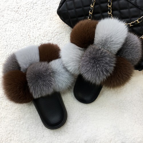 Real Farm Fox Racc00n Fur Slippers Pom Pom Slides Flip Flops Women's Sandals D9 - Picture 6 of 15