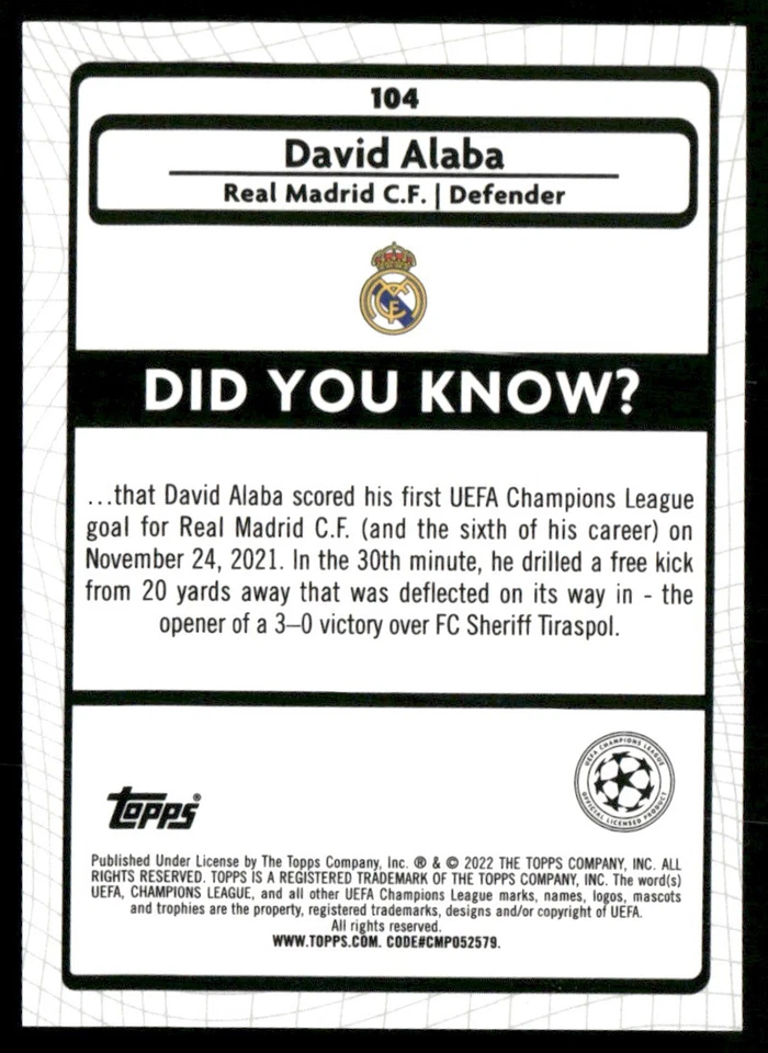 2022 MERLIN UEFA CHAMPIONS LEAGUE DAVID ALABA REAL MADRID CF #104 - Image 2 of 2