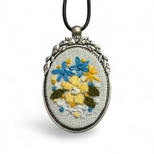 Embroidered Cameo Necklaces Yellow Blue Flowers
