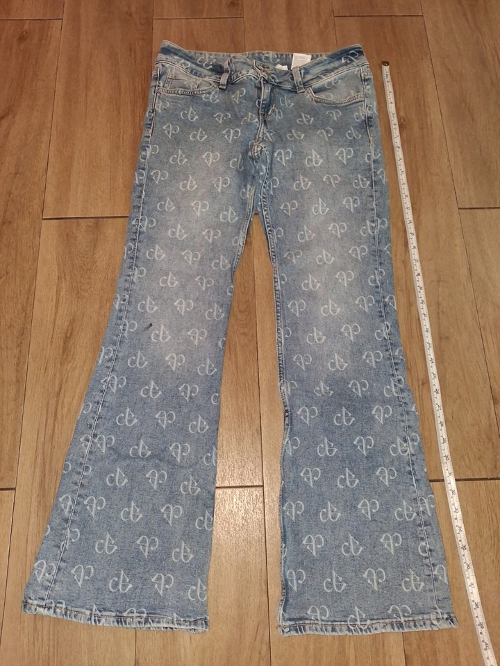 Black Pink Flare Patterned Jeans Denim Ladies SZ 14 Zip Front 5 Pockets Washed 