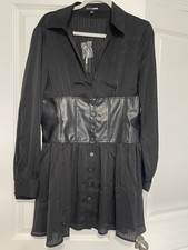 Fashion Nova Black Faux Leather Striped Shirt Dress Button Accents S Long Sleeve
