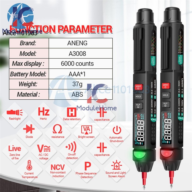 A3008 Mini Digital Multimeter Pen DC/AC Smart Voltage Tester Meter 6000 Counts