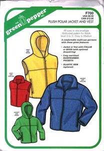 700 Green Pepper Vintage Sewing Pattern Men's Misses Plush Polar Jacket Vest OOP